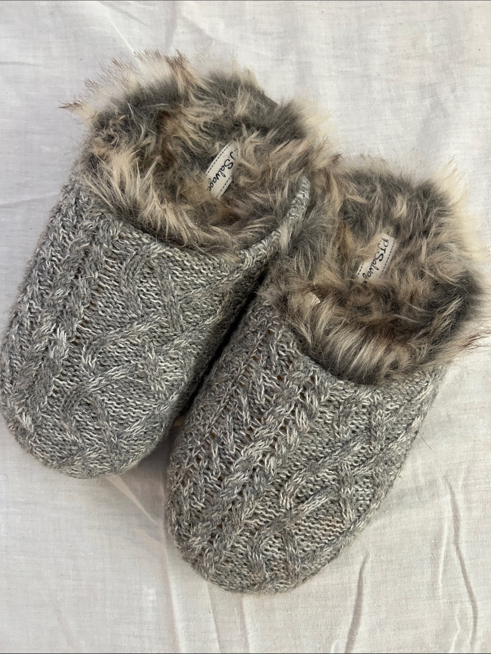 P.J. Salvage Gray Knit Slippers with Faux-Fur Collar